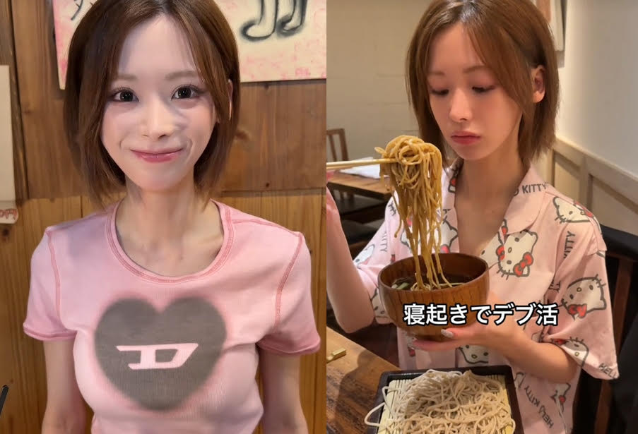 日本正妹在網上分享吃播影片，引發網友激辯觀感。（翻攝抖音@mina14504）