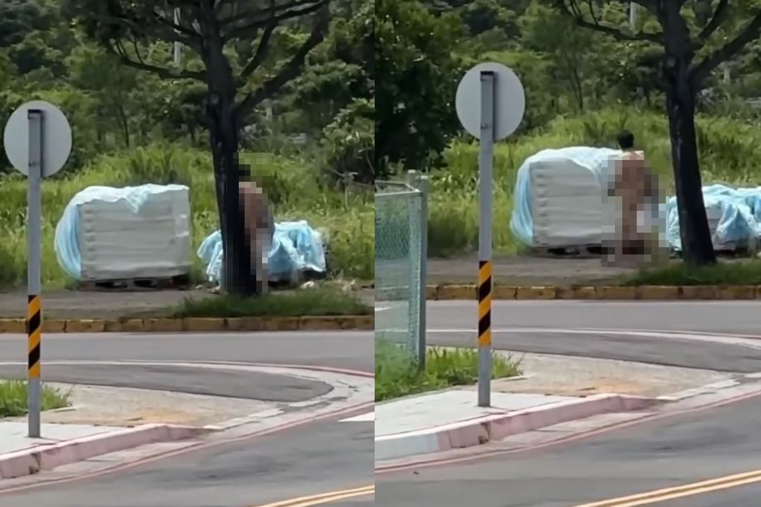 新北又出現裸男，拿著雨傘逛大街。（翻攝彭瑀筑臉書）