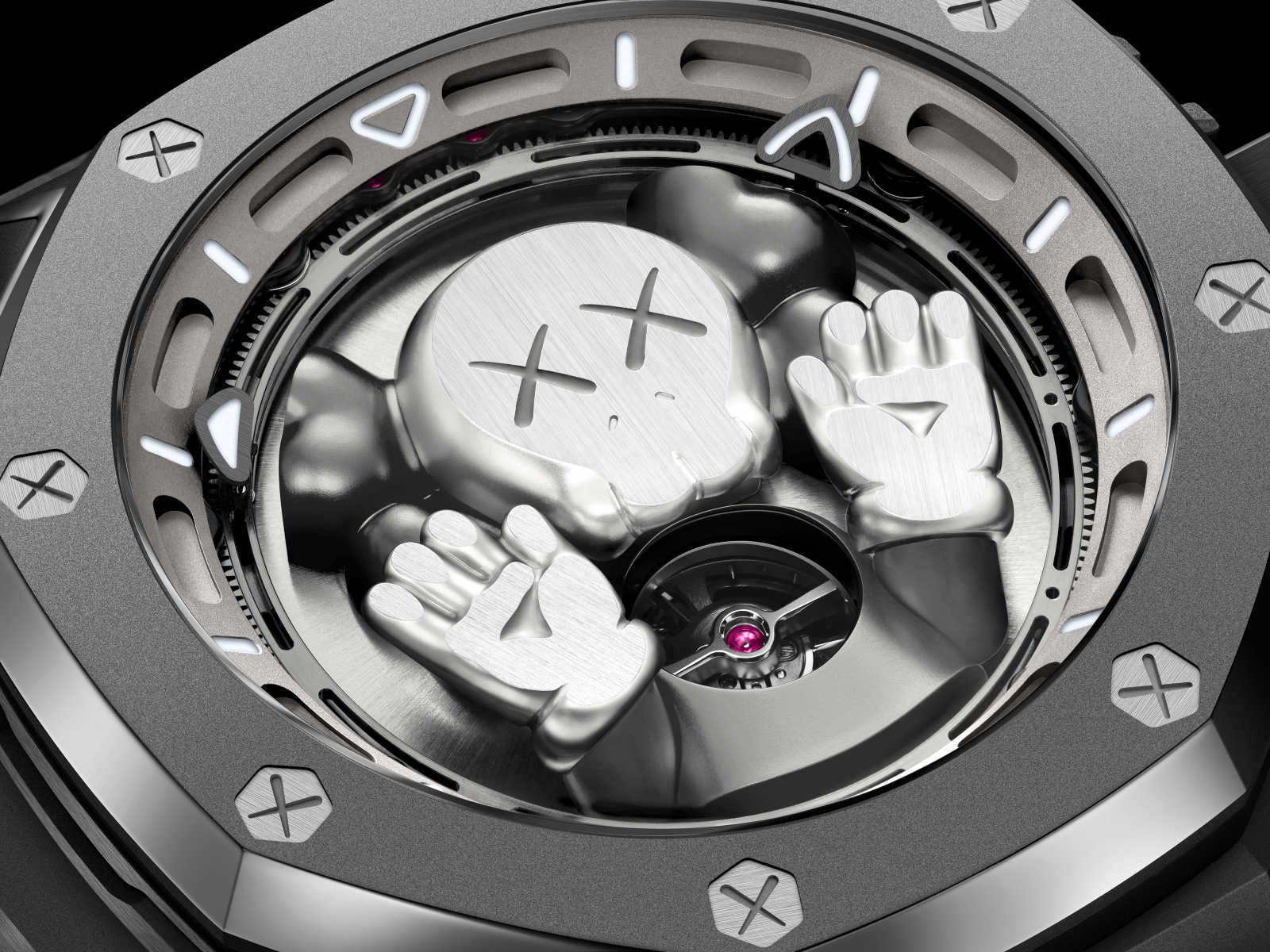 AP愛彼與美國雕塑藝術家KAWS跨界合作，發表Audemars Piguet x KAWS Royal Oak Concept Tourbillon “Companion” 錶款，把其著名的Companion公仔雕塑，微縮進入錶殼之中，再創話題。