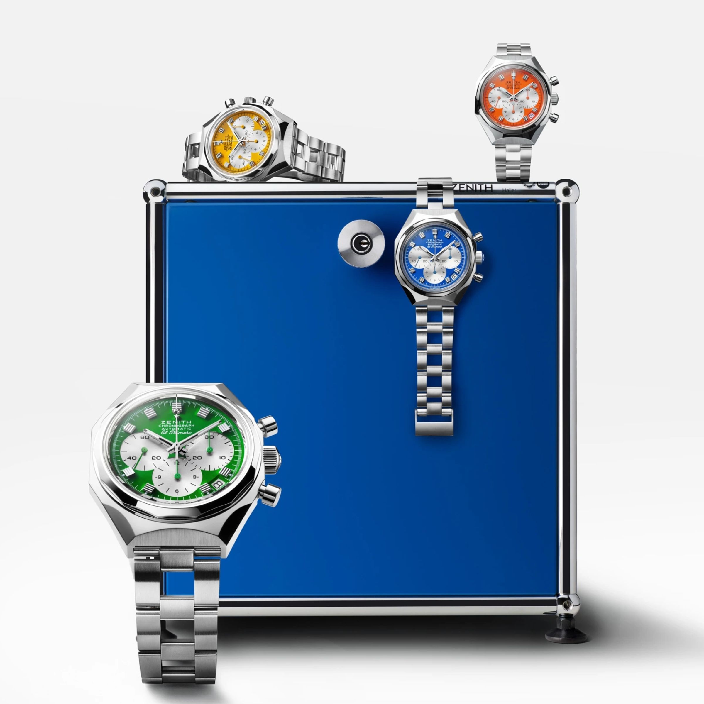 ZENITH Defy Chronograph USM｜錶徑37mm／不鏽鋼材質／時、分、小秒、日期指示；計時碼錶功能／El Primero 400自動上鍊機芯／動力儲存約50小時／防水10大氣壓／每款定價NT$396,700（各色限量60只）