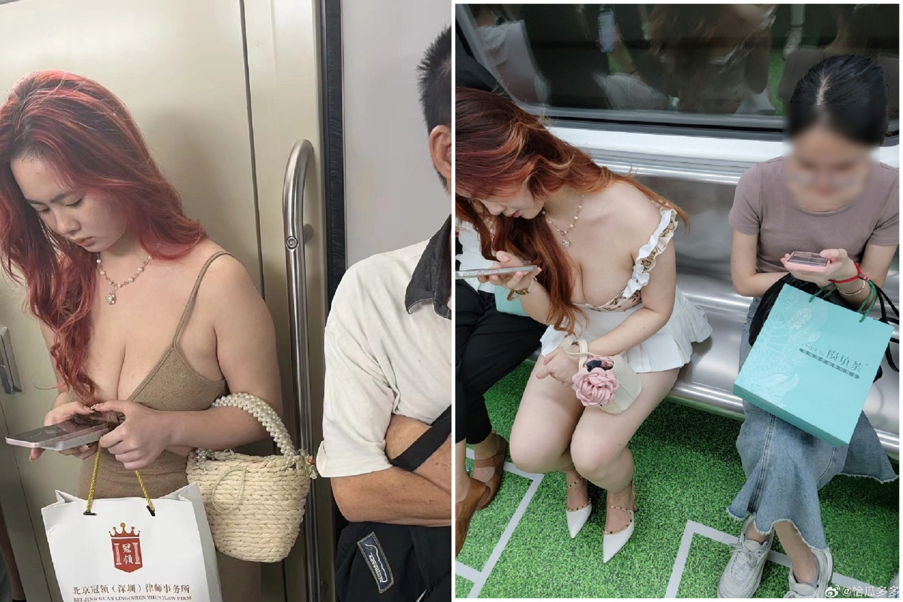 地鐵妹子「胸前爆彈大巨蛋」，太吸睛爆紅！本尊被網友神到了。（翻自微博）