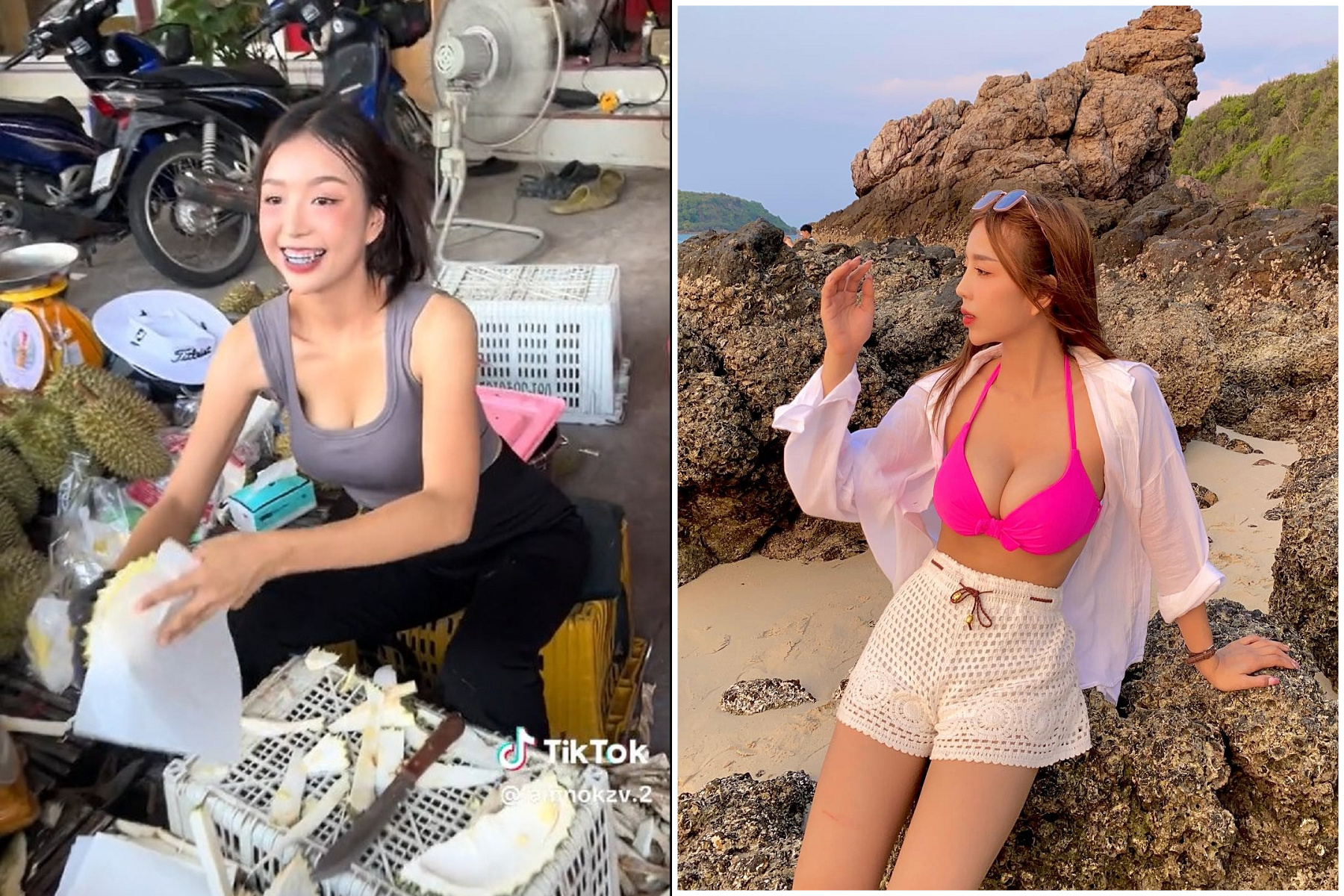 正妹賣榴槤爆紅，網讚：想買她身上那兩粒。（翻自《Sanook》）