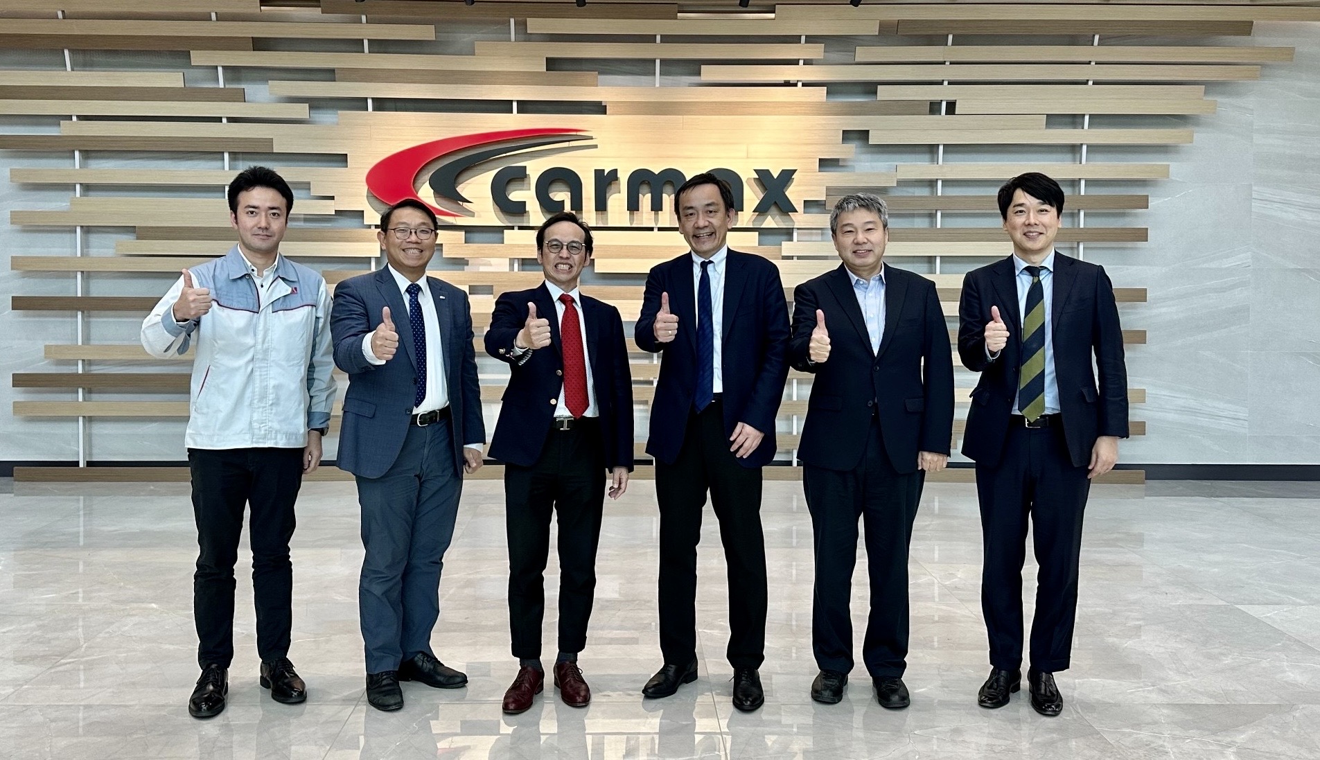 重要海外合作夥伴參訪車美仕業務，日本豐田竹村章敏副本部長（右3）、車美仕劉傳宏總經理（左3）。（車美仕提供）