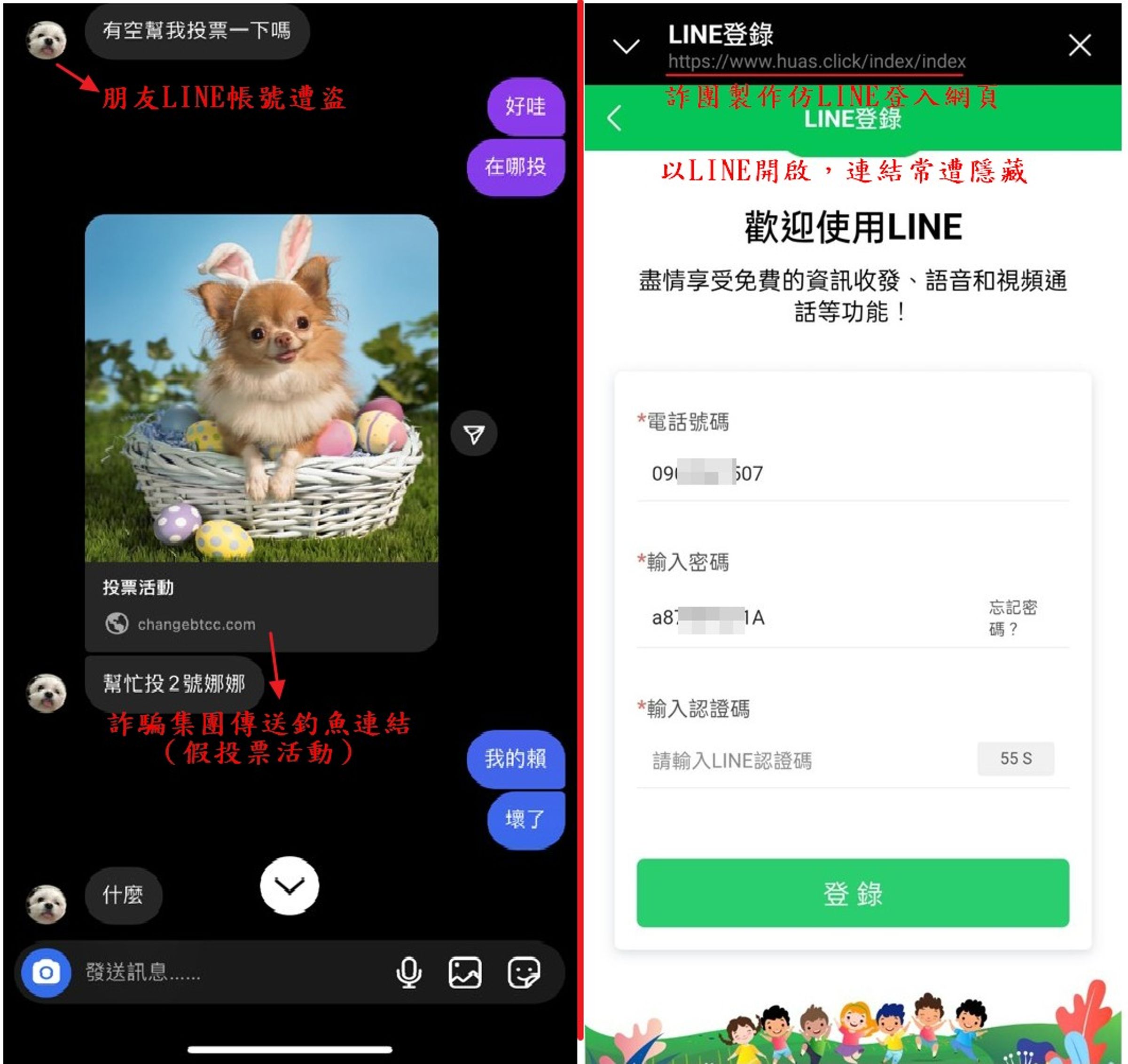刑事局公布「幫我投票」盜用LINE帳號手法示意圖。（刑事局提供）