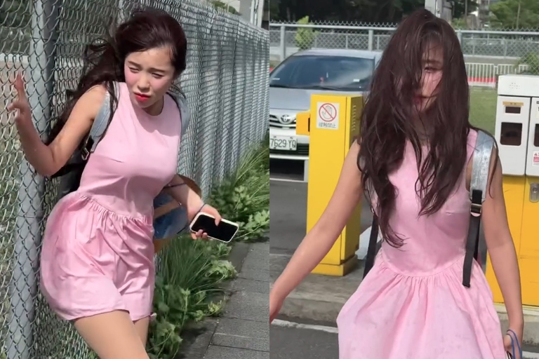 李多慧被強風吹得東倒西歪，差點看不到路，直接撞牆，走路走到懷疑人生。（翻攝自李多慧threads）