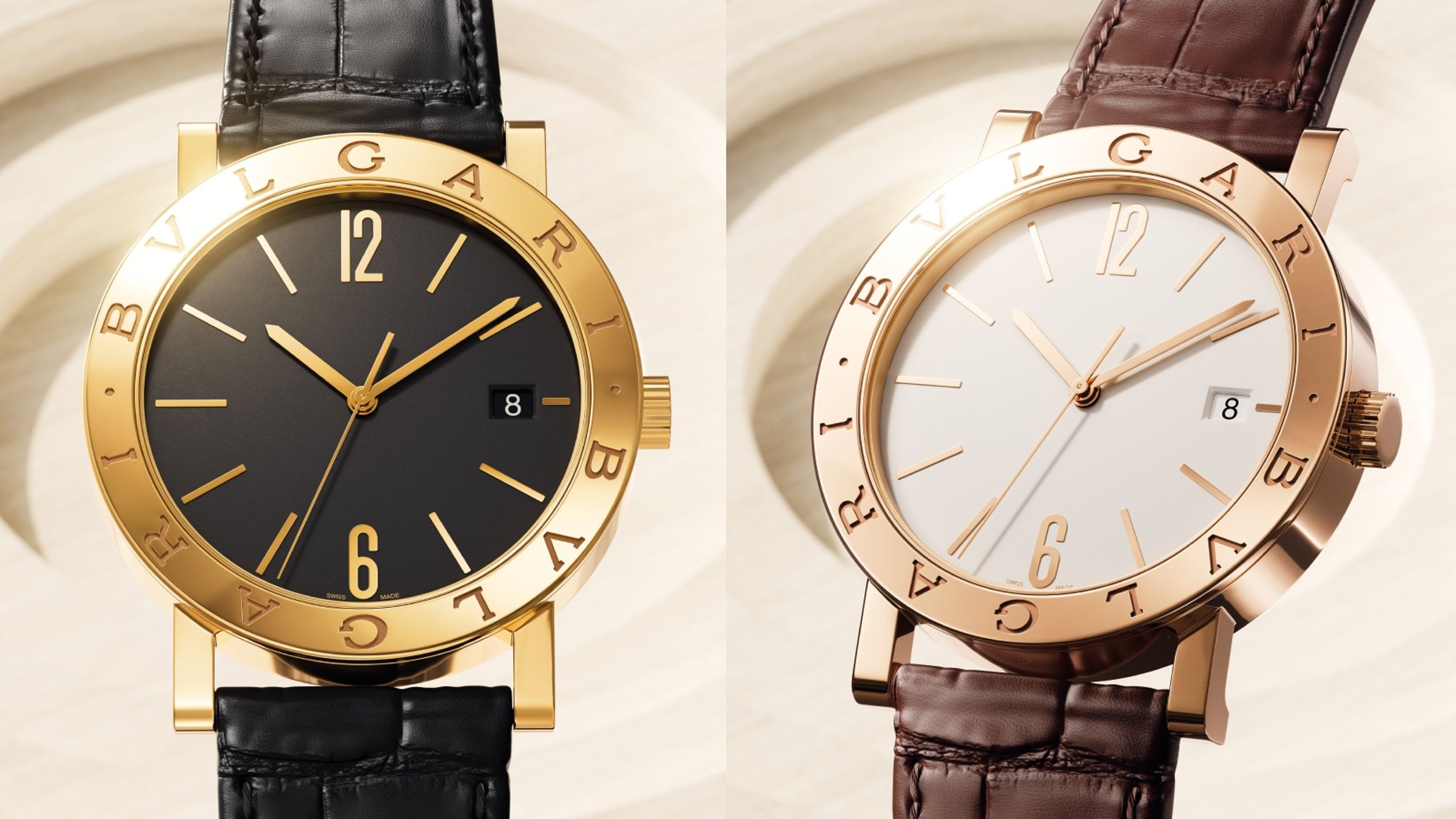 Bulgari Bulgari｜錶徑38mm／18K玫瑰金錶殼（右）黃金錶殼（左）／時、分、秒、日期指示／BVL191 solotempo自動上鍊機芯／動力儲存約42小時