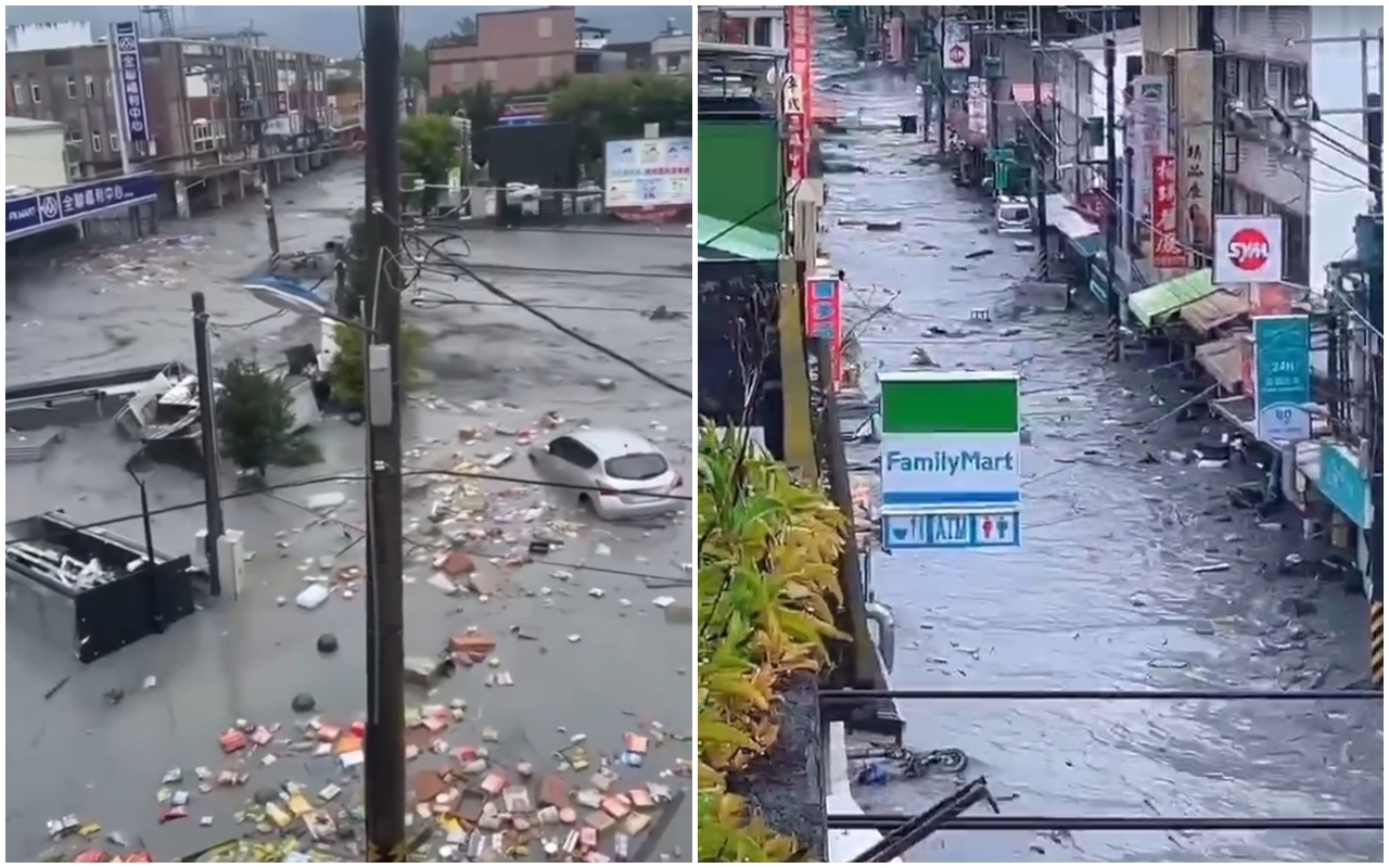 花蓮馬太鞍溪堰塞湖下午發生壩頂溢流，強勁水勢讓馬太鞍溪橋斷裂，大水瞬間湧入光復鄉形成汪洋一片。（讀者提供）