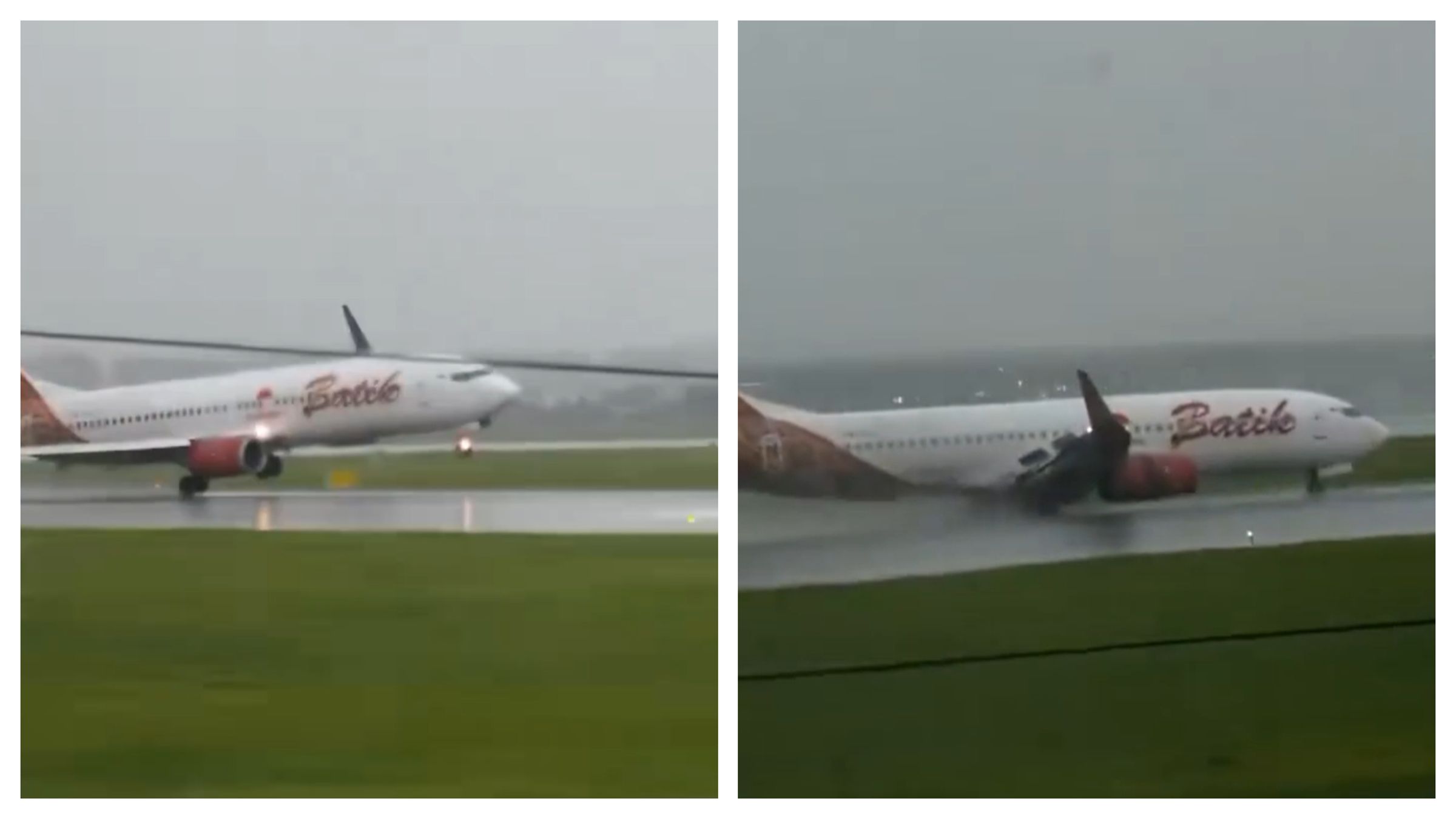 印尼峇迪航空一架航班6月28日頂著強風暴雨的情況下降落，不過因為突如其來的側風，導致右引擎險些撞上跑道。（翻攝自X@airmainengineer）
