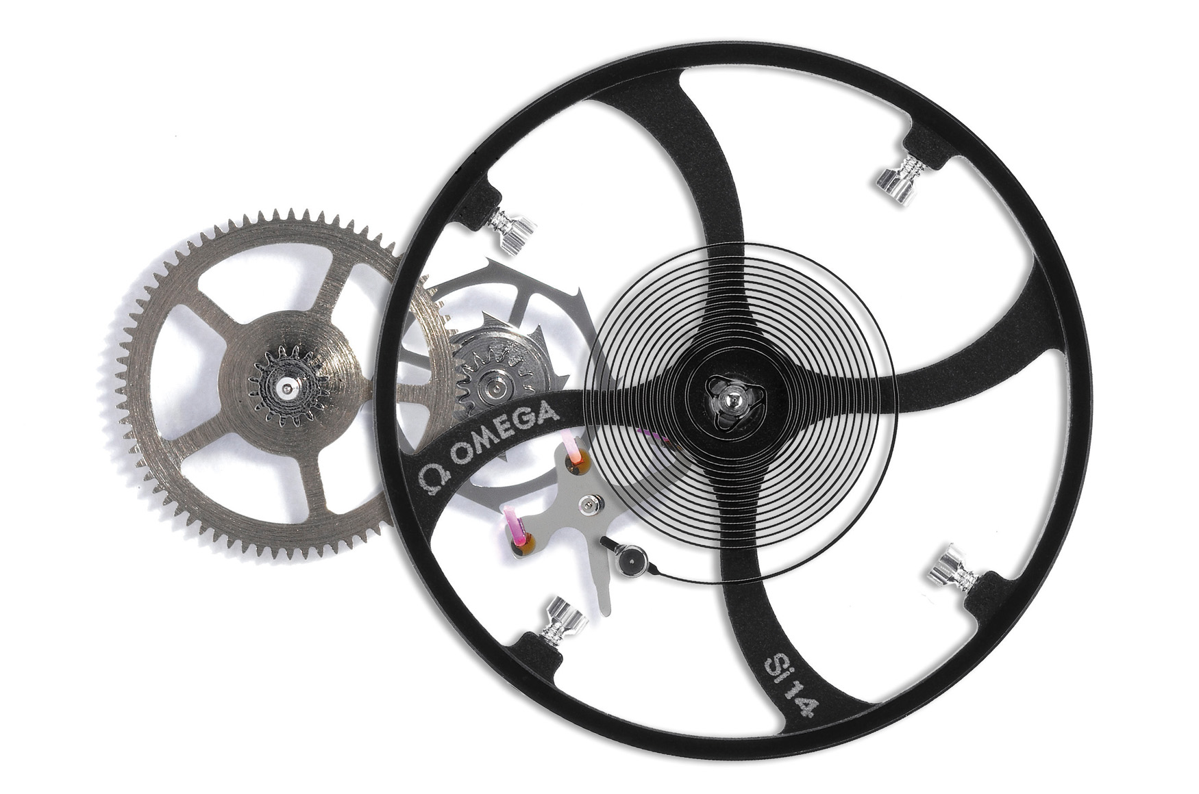 OMEGA 新世代Co-Axial 擒縱採用Si14 擺輪與矽游絲構成的無卡度游絲擺輪，兼具高效率、抗磁與穩定走時表現。