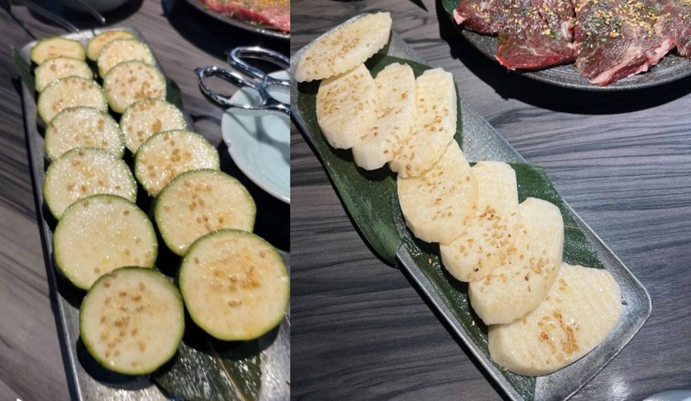 台南知名燒烤店「牛五蔵」被一名女網友驚曝2盤牛肉破萬元,其中12片櫛瓜一份要價880元,引發關注。(翻攝自Threads)