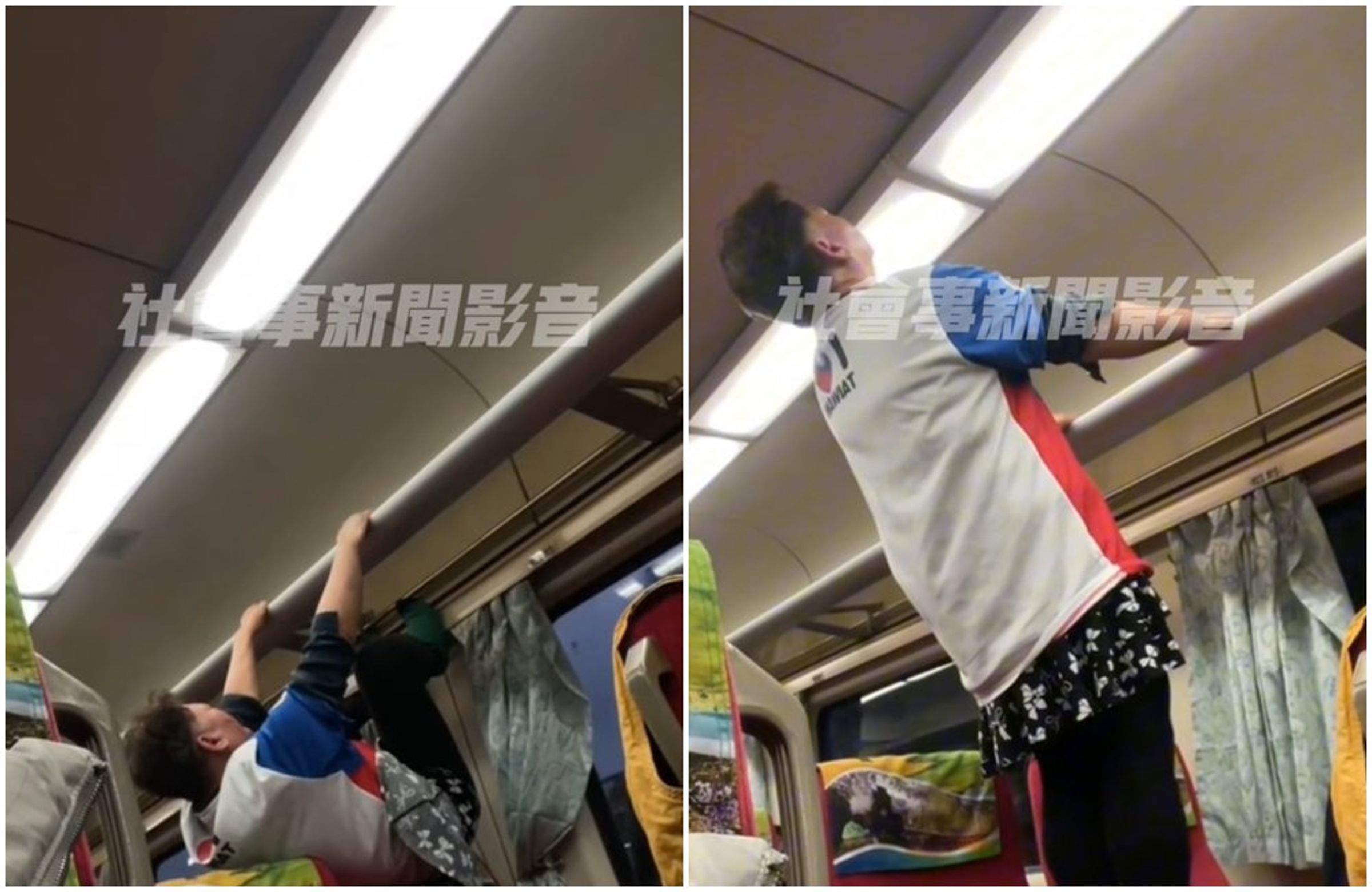 女子自稱是國家代表隊,雙手吊掛在置物架上,腳踩在椅子上,不理會面對旅客制止。(翻攝自社會事新聞影音)