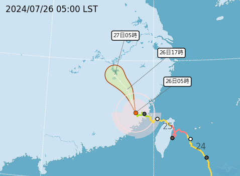 今(26)日清晨,凱米颱風暴風圈已脫離台灣本島,強度持續減弱,暴風圈縮小,風雨稍微緩和。(中央氣象署提供)