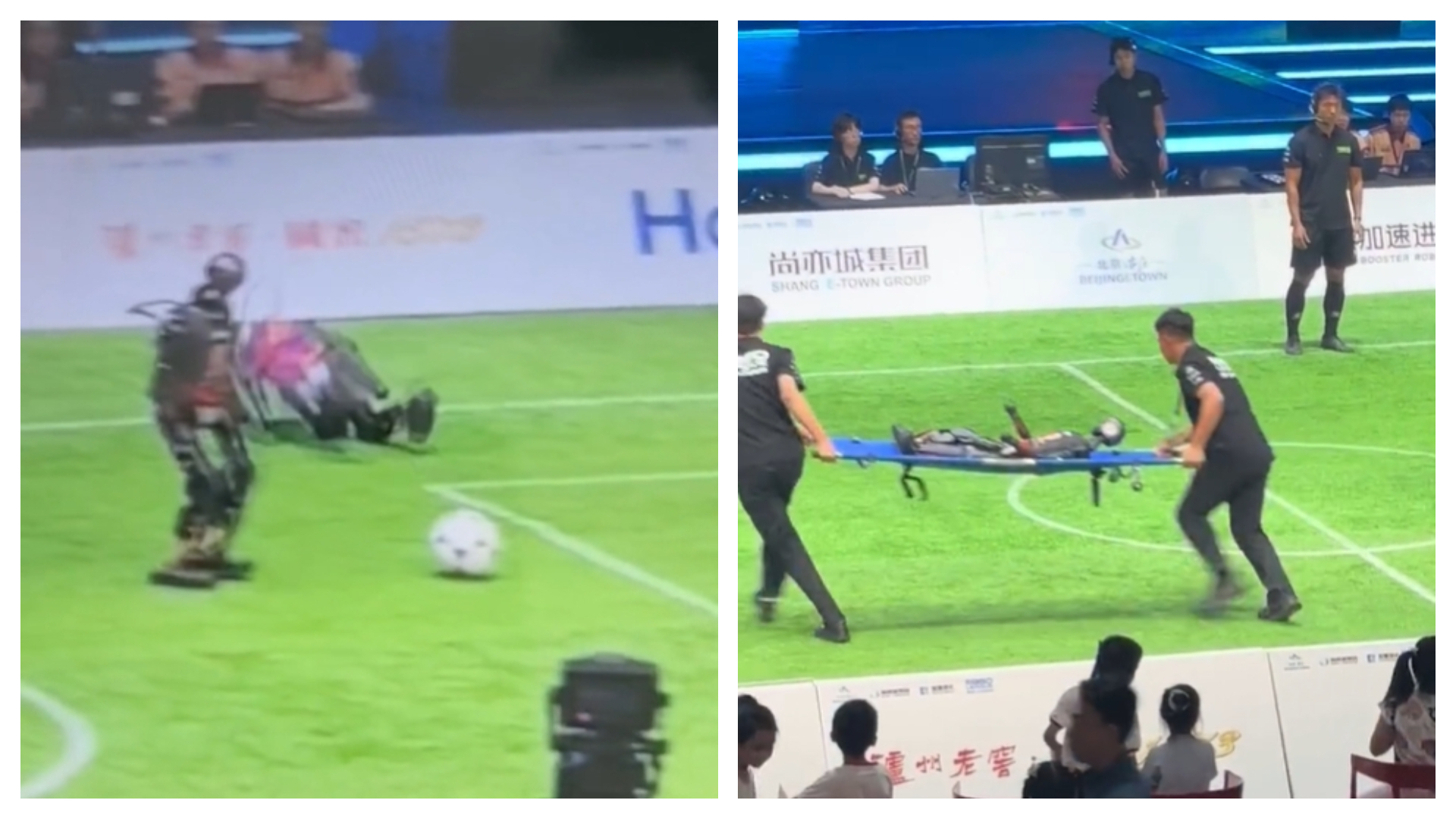 機器人選手多次因為跌倒被抬下場。（翻攝自微博）