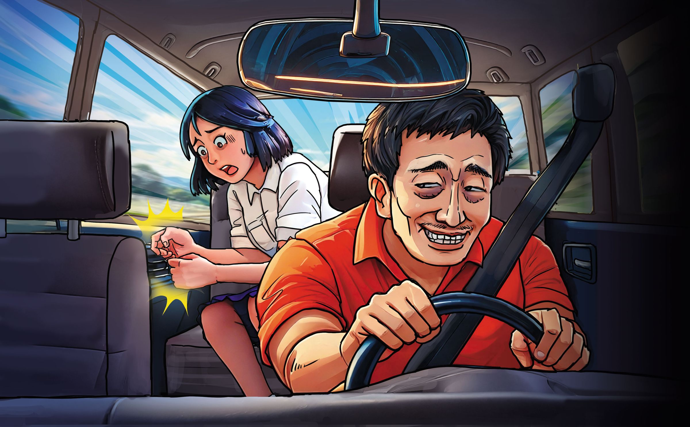 曹姓計程車司機(前)見少女頗有姿色,竟心生歹念,將她載往偏僻處性侵。 (示意畫面,AI繪圖Adobe Firefly生成,本刊美術組後製)