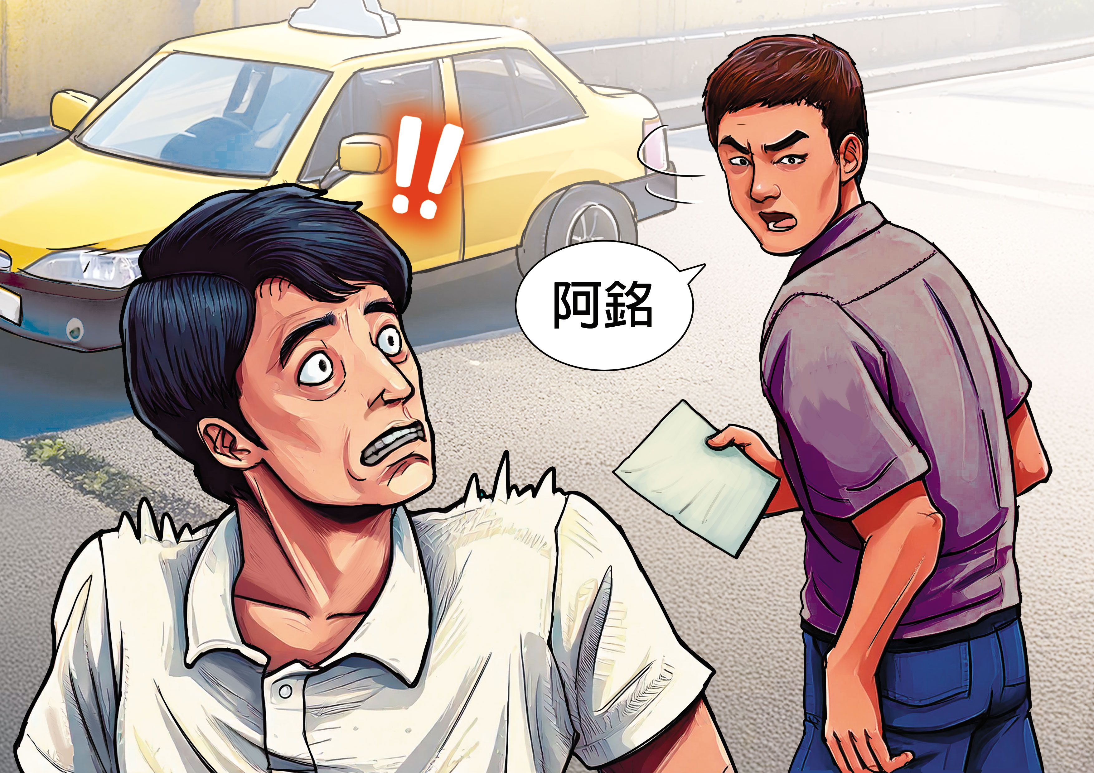 埋伏員警（右）憑直覺叫了聲「阿銘」，凶手（左）反射性回頭，立刻遭到逮捕。（示意畫面）