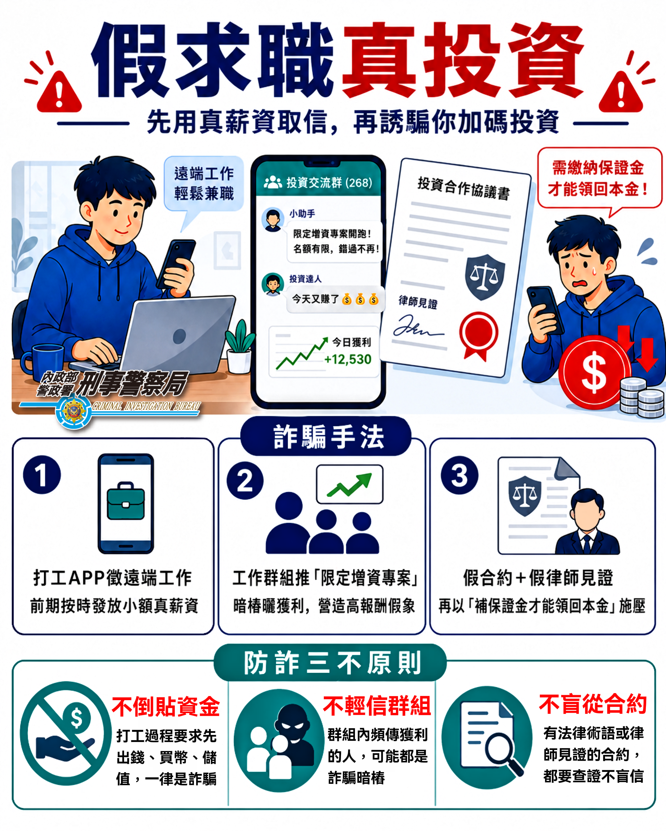 詐團發放真薪資博取民眾信任後再詐騙,警方製作犯罪宣導圖卡。警方提供