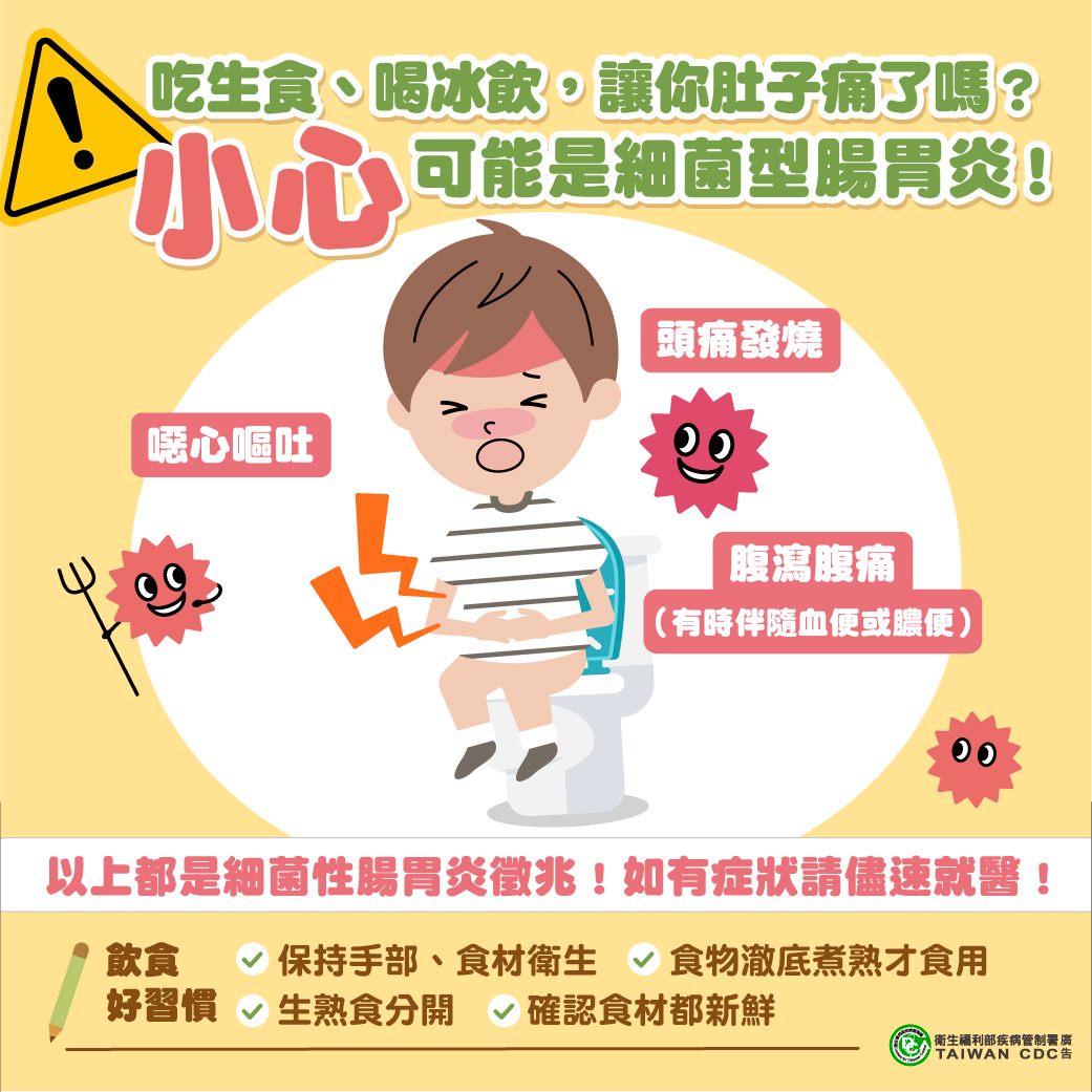 疾管署提醒民眾,要確認食物有沒有澈底煮熟,不然一不小心就可能讓細菌型腸胃炎入侵。(翻攝自臉書@疾病管制署 - 1922防疫達人)