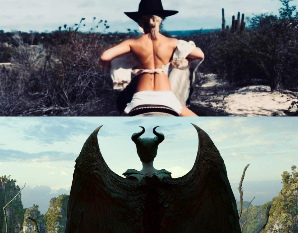 布蘭妮在Instagram公佈裸背照（上），把自己比喻成電影《黑魔女》（下）。（翻攝自Britney Spears官方Instagram、迪士尼提供）