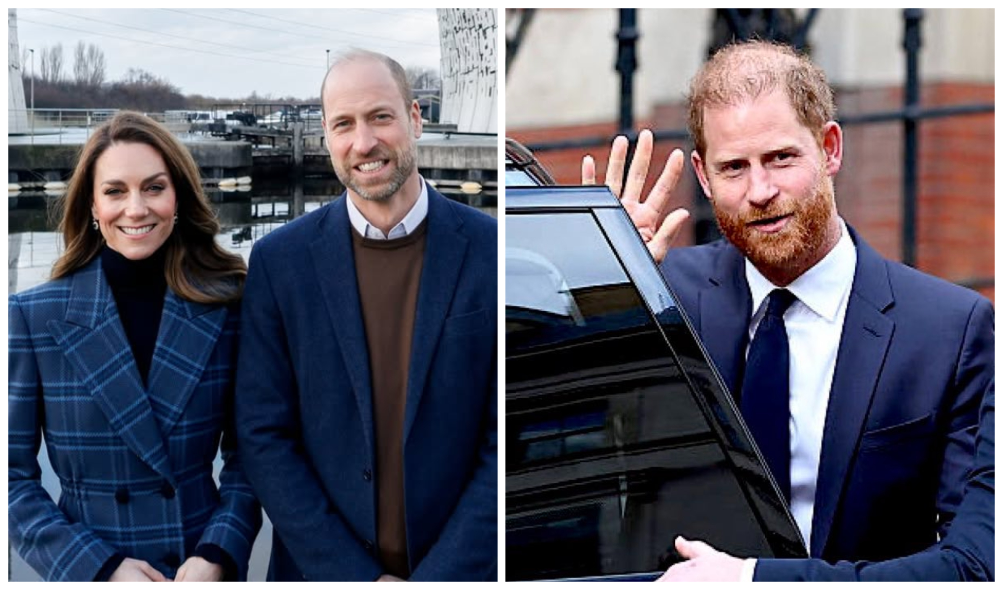 威廉王子和凱特王妃到蘇格蘭參訪（左圖），哈利王子同日在倫敦出庭應訊（右圖）。（翻攝princeandprincessofwales IG／X@ChrisBaronSmit1）