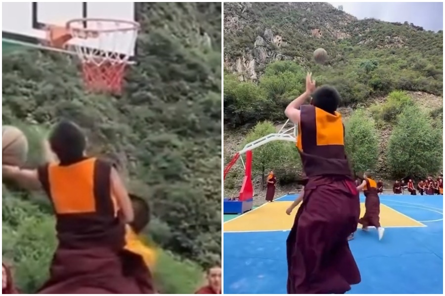 最近一支記錄喇嘛打籃球的短影音在社群廣傳。（翻攝自IG@mystictibet）