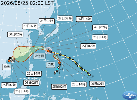 颱風沙德爾持續向西北西方向前進,預計週四、週五(27、28日)最接近台灣。(翻攝自氣象署)