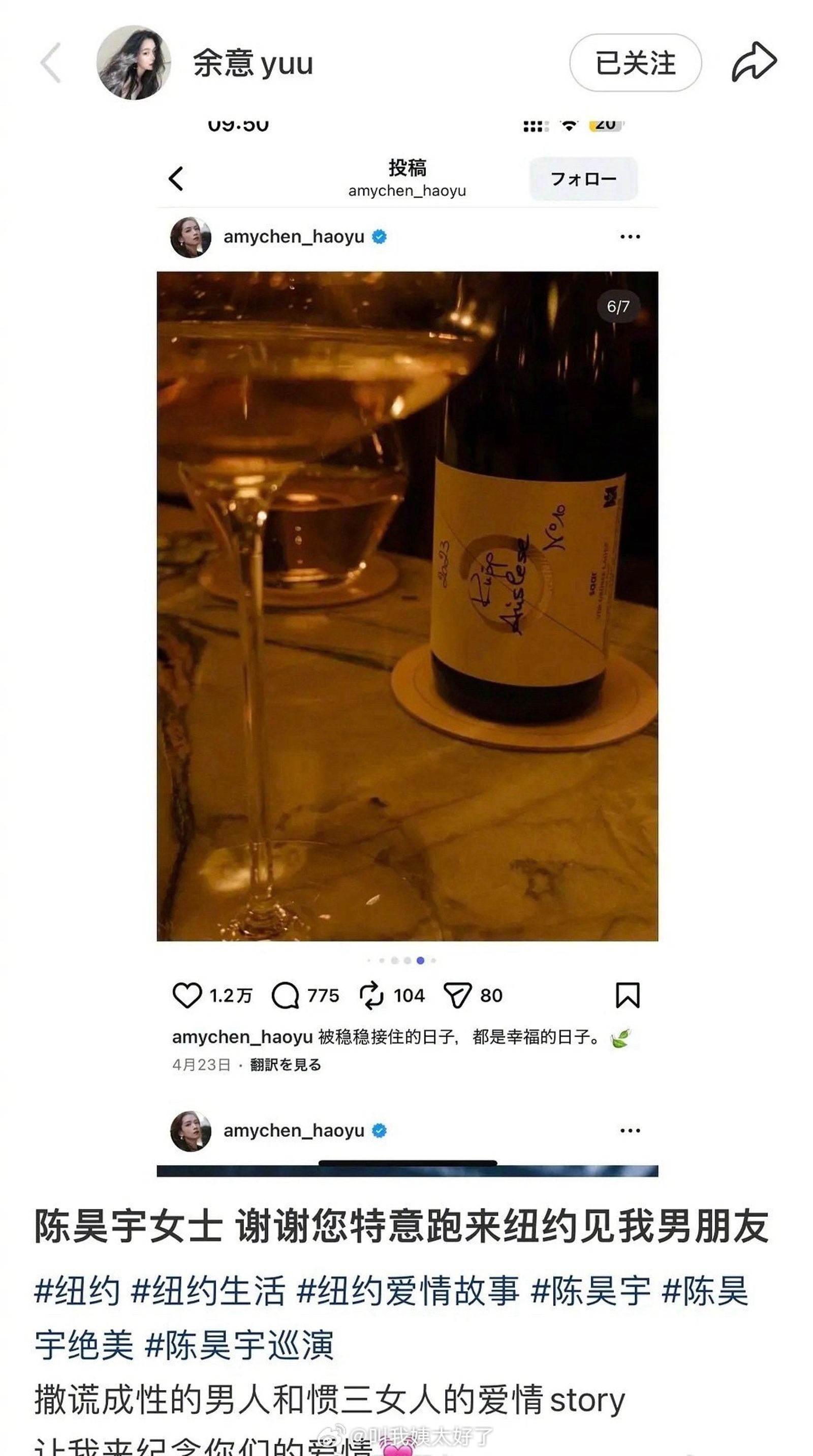 陳昊宇的社群發文被余意截圖po到自己的小紅書，但除此之外，余意提不出任何實質新證據證明陳昊宇當三。（翻攝自余意小紅書）