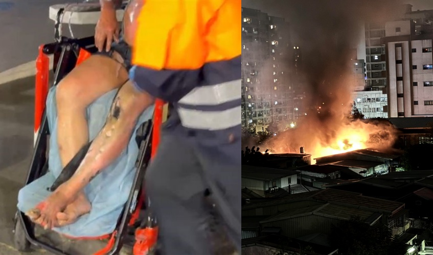 萬華雙和市場旁民宅晚間突發大火，濃煙與火光直衝天際，消防人員到場後迅速灌救並救出一名傷者。（翻攝畫面）