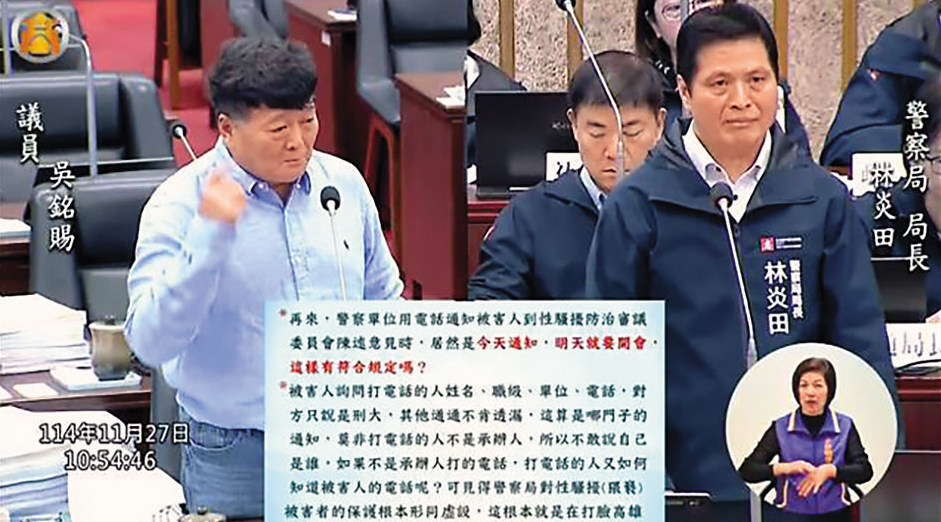 高雄市議員吳銘賜（左）針對偵查隊長涉嫌性侵、猥褻女子，質詢時任警察局長林炎田（右）。（翻攝議會畫面）