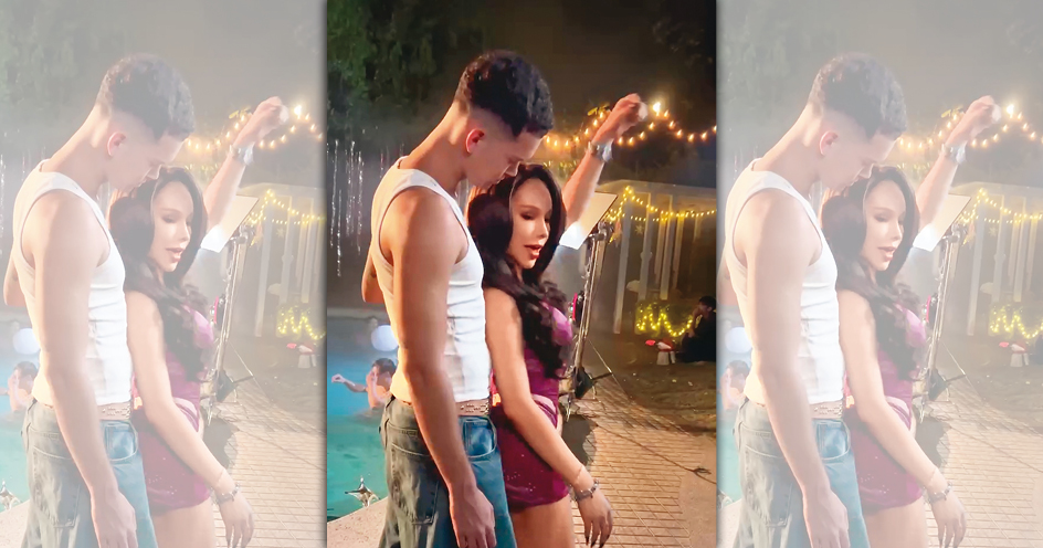 小Ａ辣（右）找來巴西男模（左），在泳池豪宅拍攝MV。