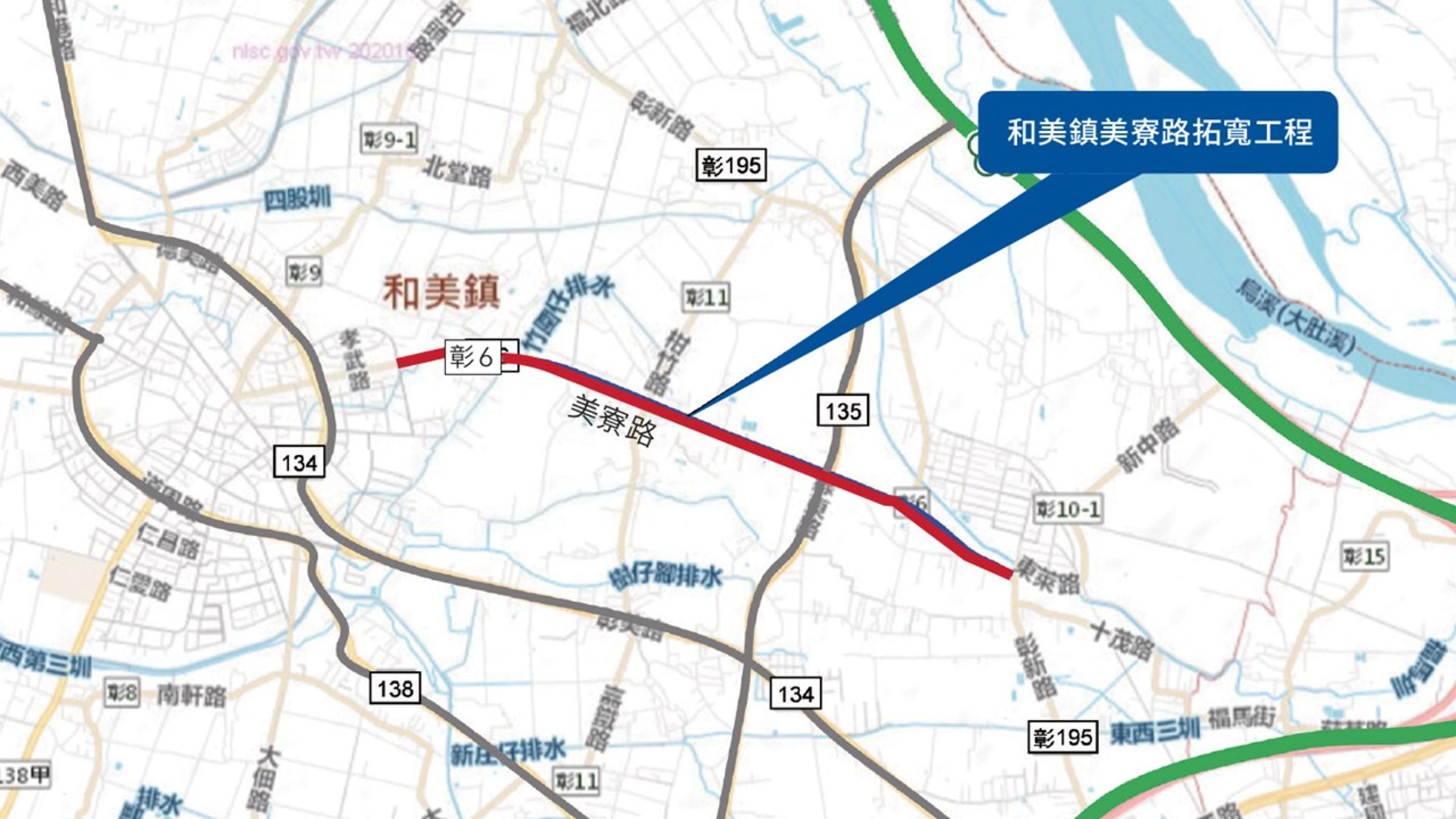美寮路拓寬工程路線示意圖。