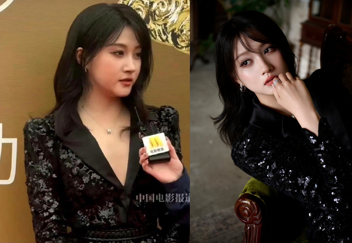 關曉彤日前出席頒獎典禮，未修圖的臉頰有點浮腫，眼神也比較無神，和精修圖相比差距有點大。（微博圖片/翻攝自關曉彤工作室微博）