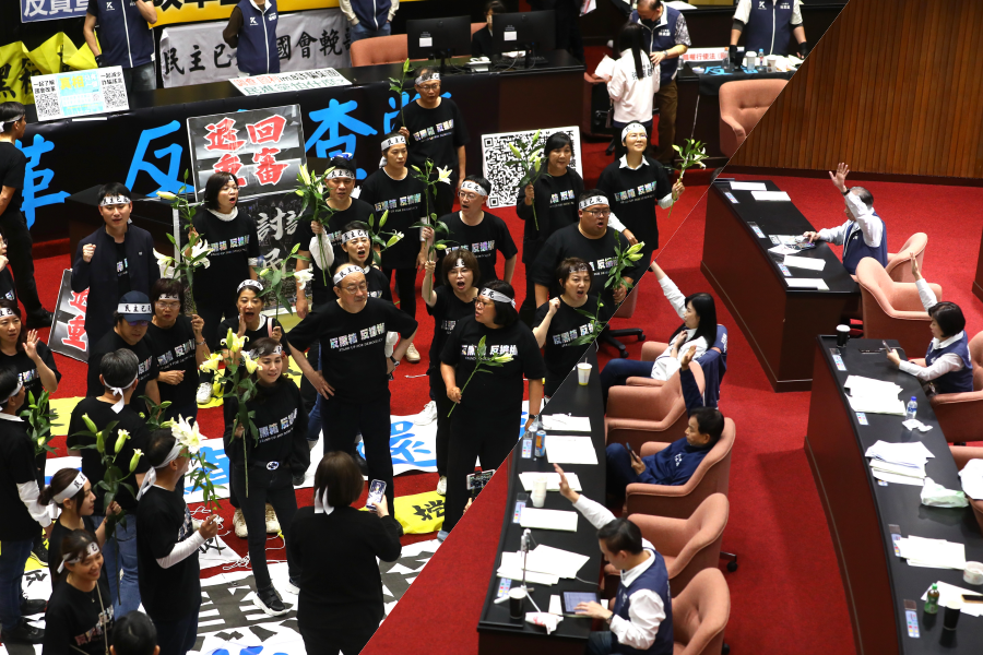 繼太陽花、藍白拖後，民進黨立委再拿出百合花（左圖）倡議，藍委們則是持續舉手表決通過議案（右圖）。