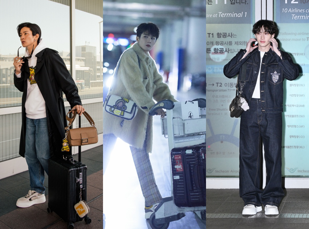 （左起）目黑蓮、檀健次、方燦想出不同的新花招拍攝機場時尚穿搭。（FENDI提供）