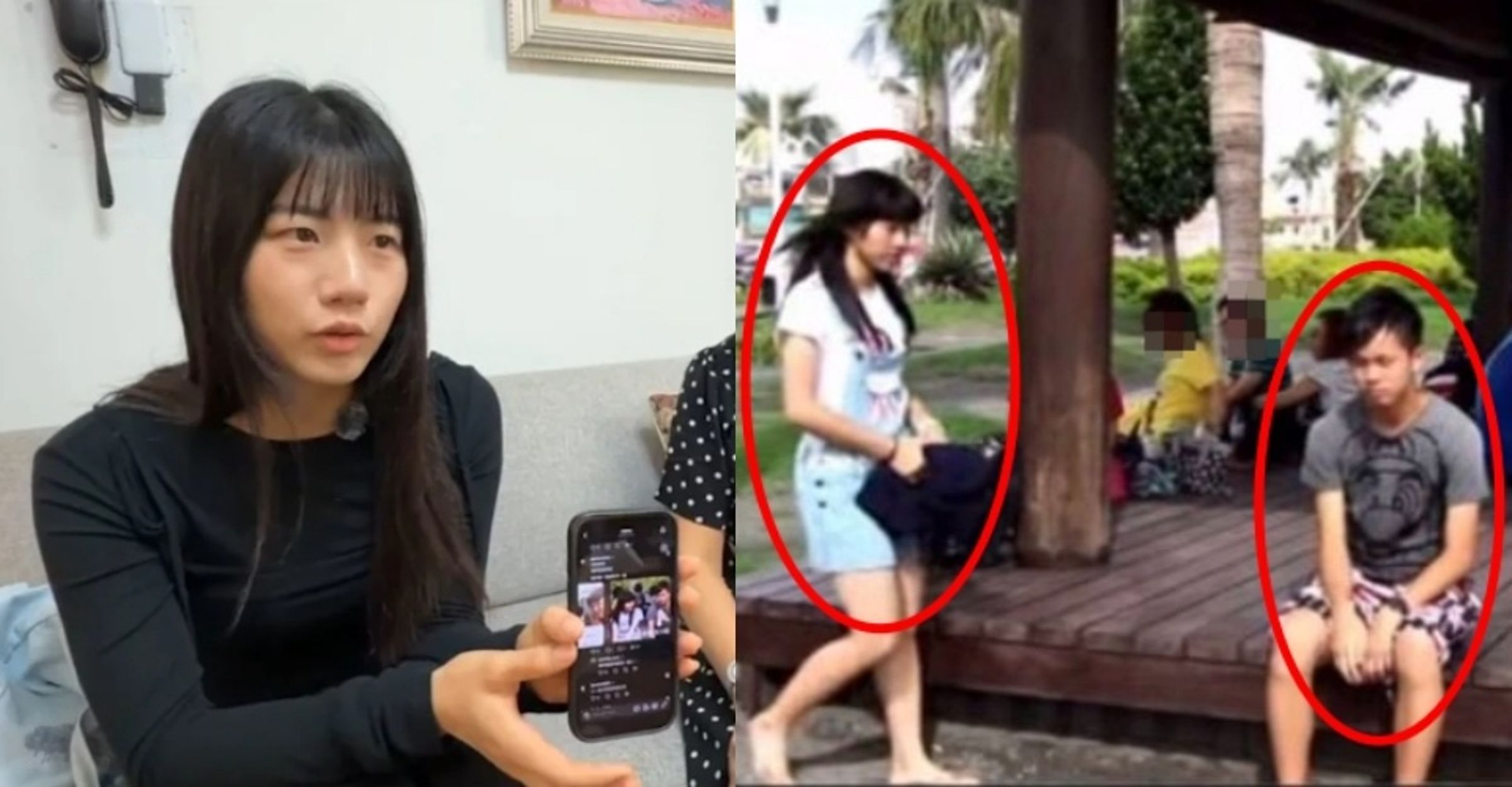 陳幸妤與趙建銘的離婚風波持續發酵，網友肉搜護理師許芊芊時爆發認錯人烏龍。29歲的宋小姐（左圖、右圖左紅圈）因曾與許芊芊丈夫（右圖右紅圈）合拍微電影，慘遭網友截圖並以AI人臉比對，無端捲入風暴。（翻攝畫面）