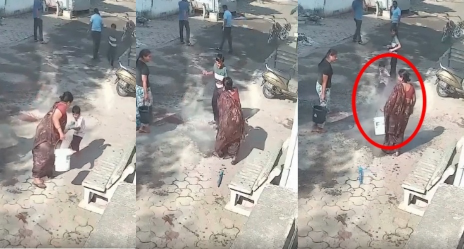 4歲男童疑似玩耍惹怒阿嬤，遭剛煮開的熱水澆頭，影片可見熱水往男童頭上潑灑時還冒著煙。（翻攝自臉書）