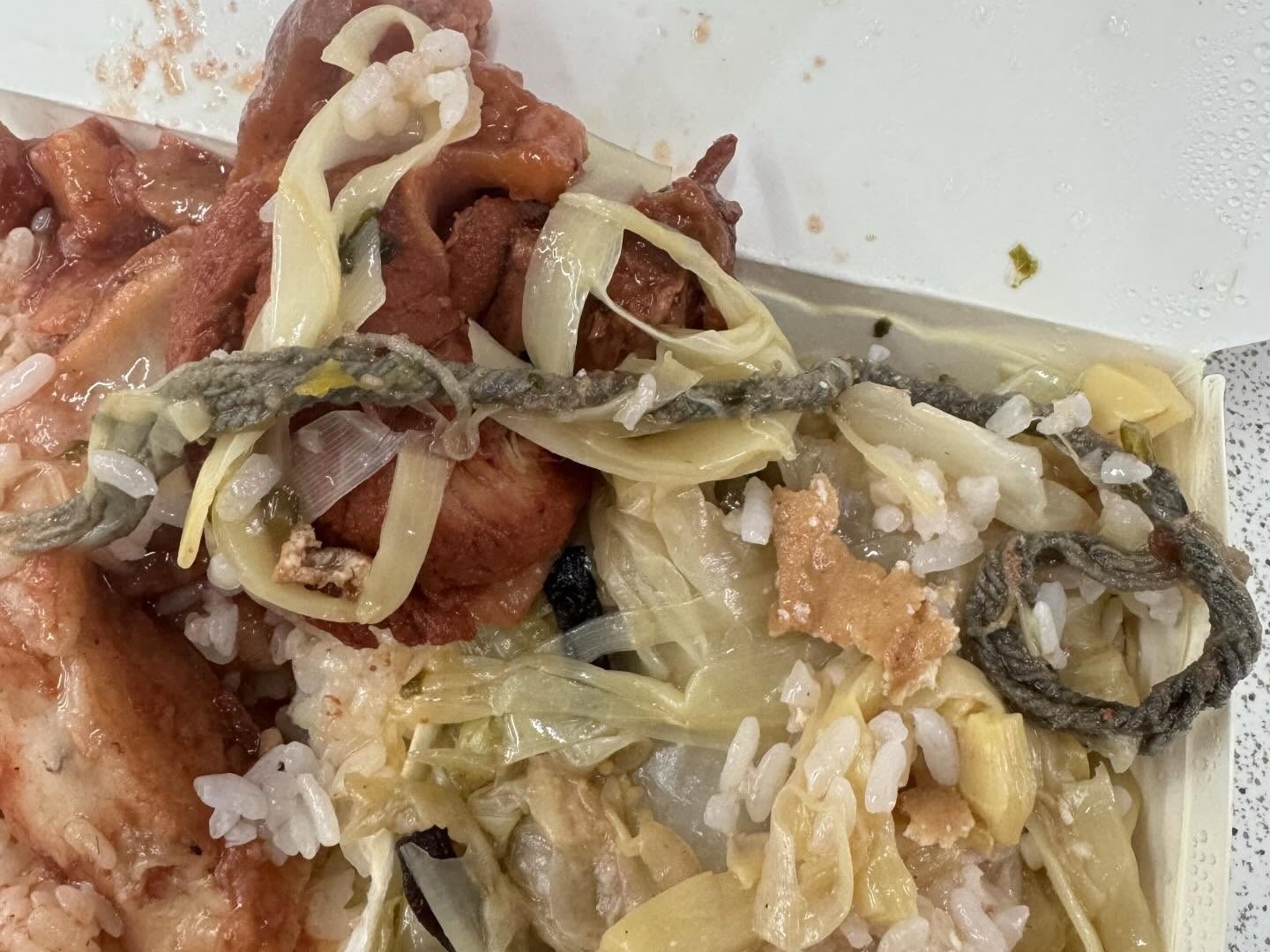 台中一名網友買魯肉便當卻吃到棉繩。（翻攝Threads@baoxiu.403）