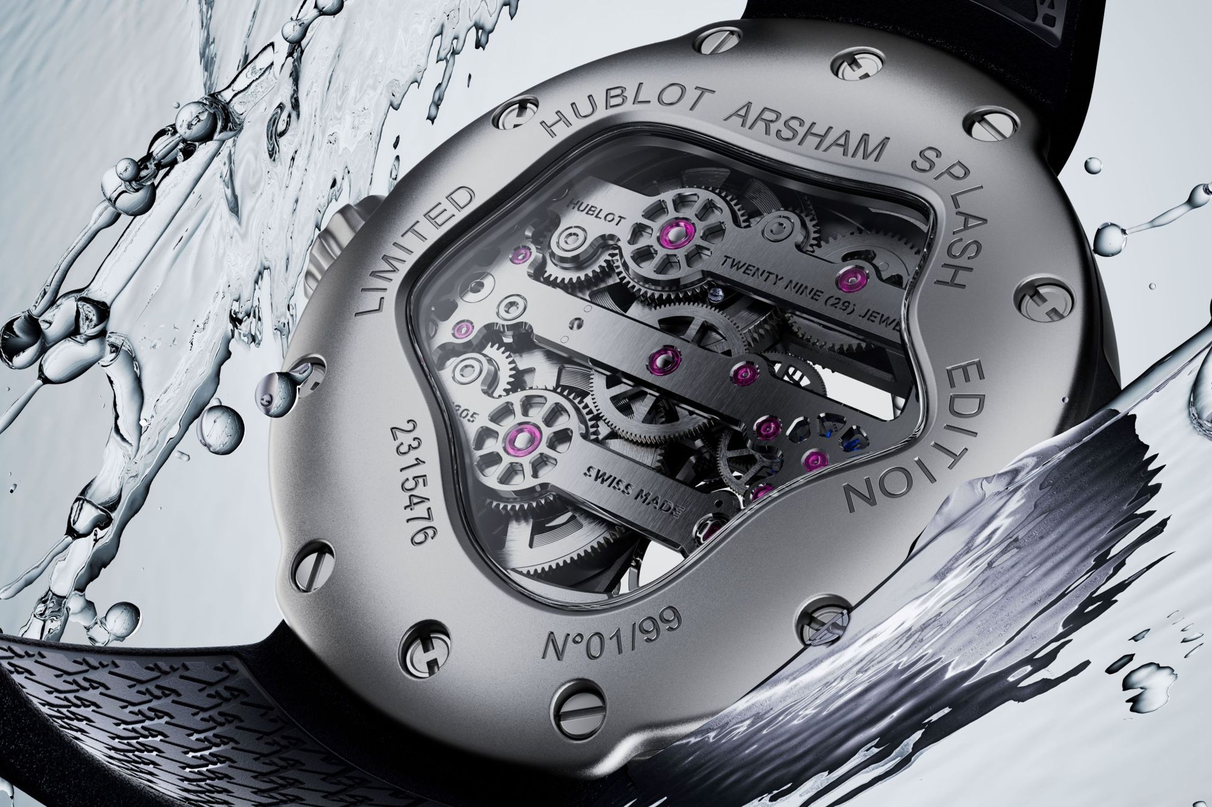 HUB1205 Meca-10 手上鍊機芯延續自Meca-10 系列，但經過重新設計以契合MP-17 Arsham Splash的42毫米錶徑。
