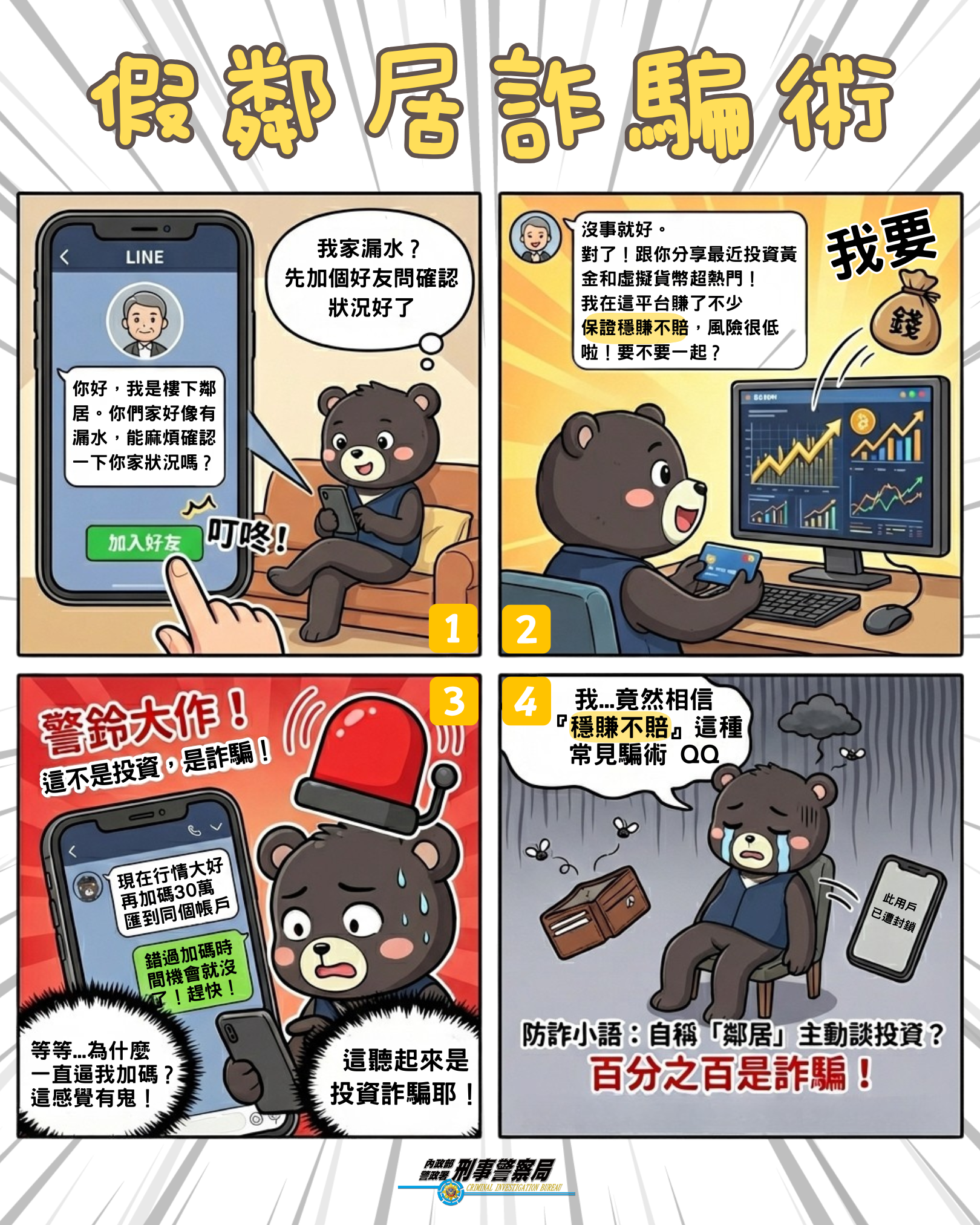 警方公布假鄰居詐騙宣導圖。(刑事局提供)