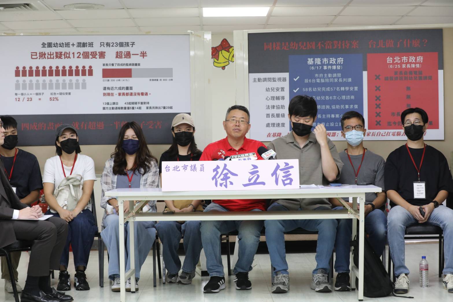 北市幼兒園疑爆集體虐童案,議員徐立信與家長開記者會控訴。