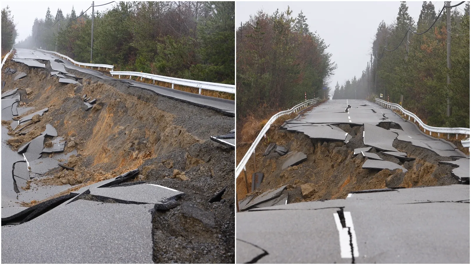 輪島市與珠洲市因多處道路被毀，使當地救援更為困難，且避難所也出現物資匱乏情形；圖為石川縣志賀町往輪島道路嚴重斷裂。