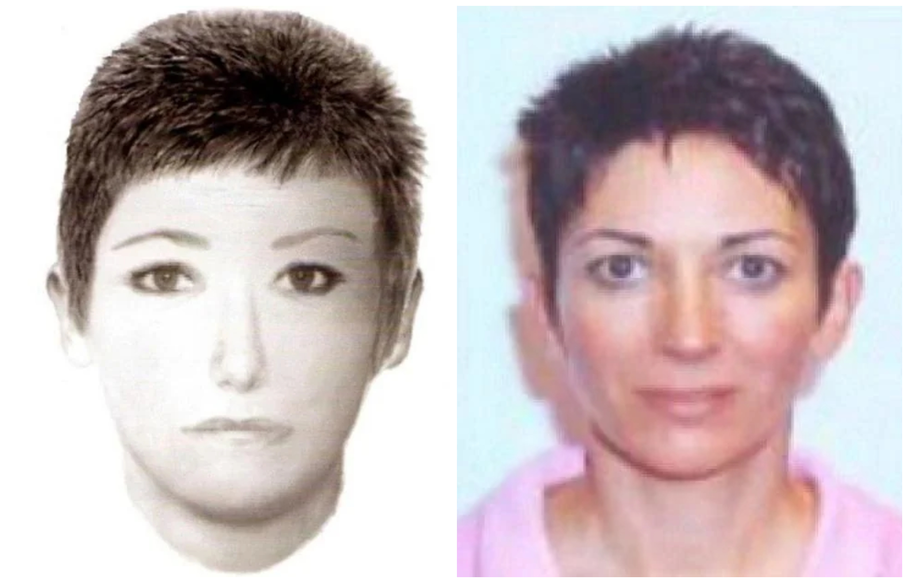 左為2009年公布的瑪德琳失蹤案女性嫌犯素描畫像，右為麥斯威爾，兩者外貌相似，引爆網路陰謀論熱議。（翻攝X@DaniMayakovski）