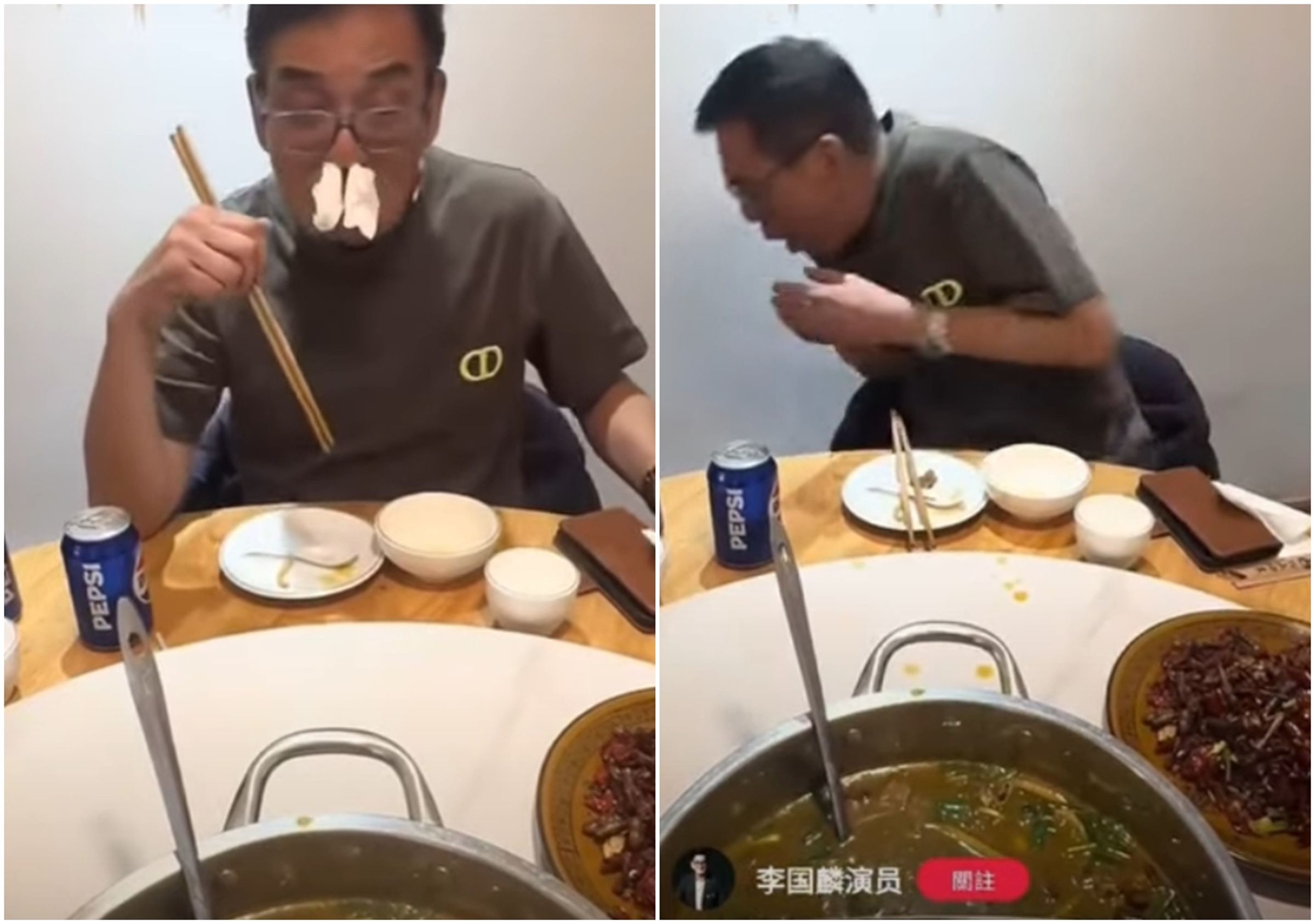 香港男星李國麟到中國發展,近日他挑戰吃「牛屎火鍋(牛癟火鍋)」,過程中還一度作嘔。(翻攝自網路)