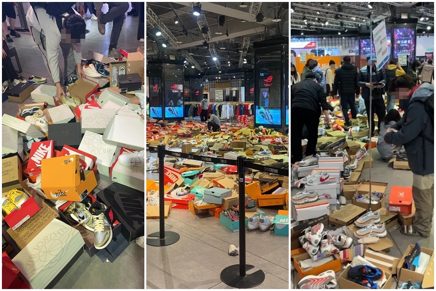 三創園區NIKE特賣會吸引大批人潮，現場被消費者翻得凌亂不堪。（翻攝自Threads）
