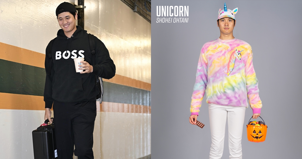 大谷翔平萬聖節「被變裝」,成了真的獨角獸。(翻攝自Los Angeles Angels臉書)