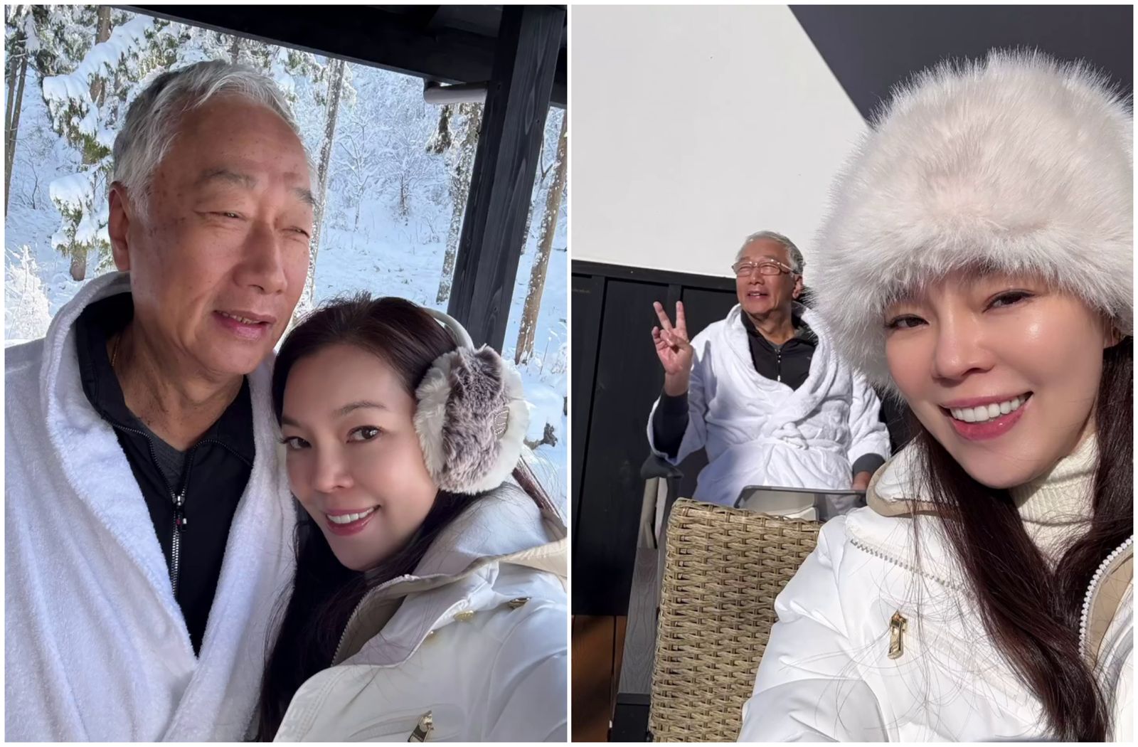 曾馨瑩和郭台銘享受度假時光，郭台銘穿著浴衣，頂著白髮，神態輕鬆。（翻攝曾馨瑩IG）