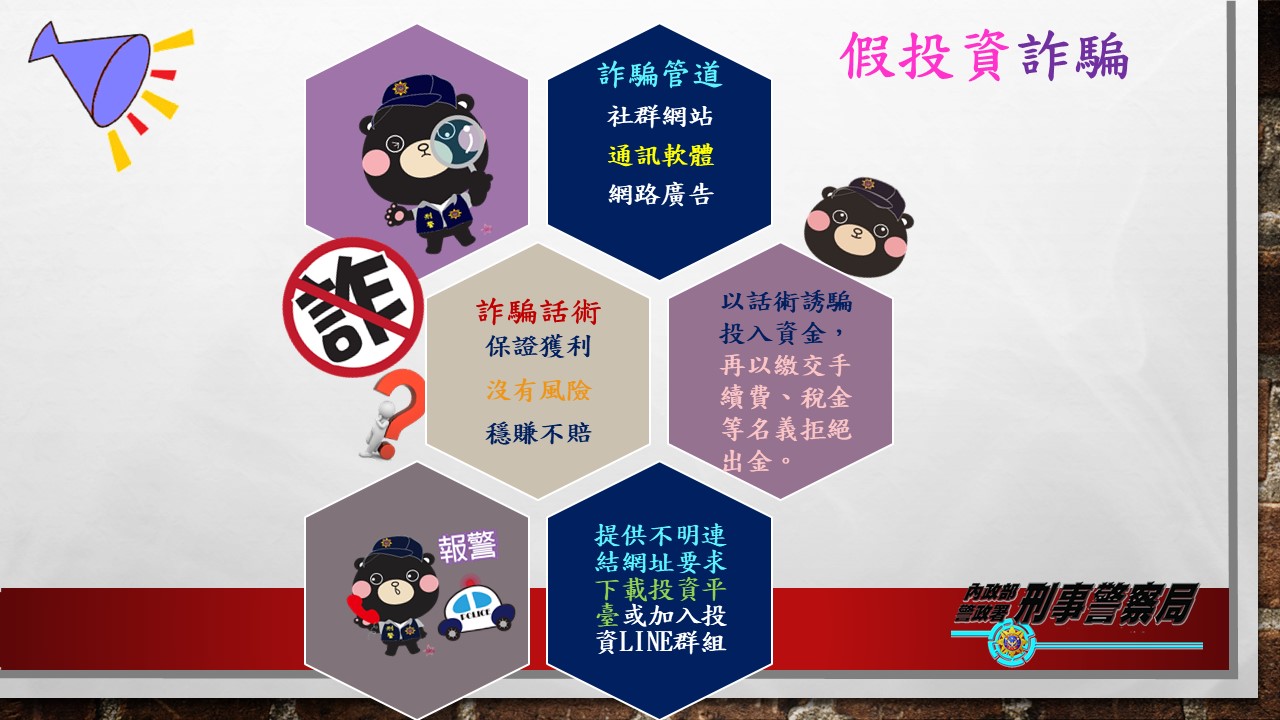 假投資詐騙宣導圖。（警方提供）