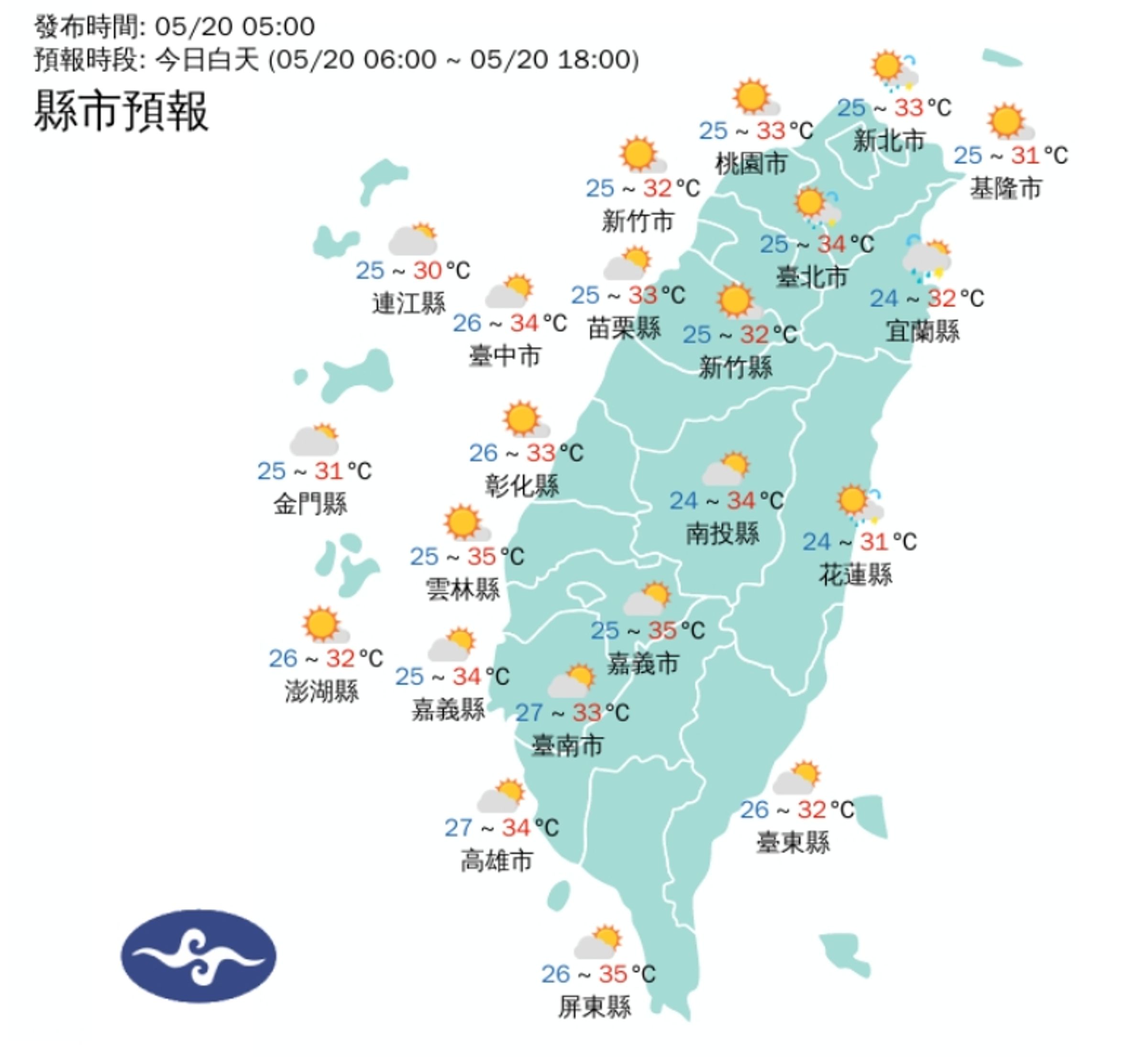 全台各地白天天氣一覽。(翻攝自中央氣象署官網)