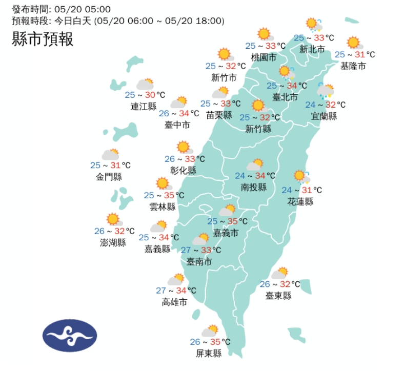 全台各地白天天氣一覽。（翻攝自中央氣象署官網）
