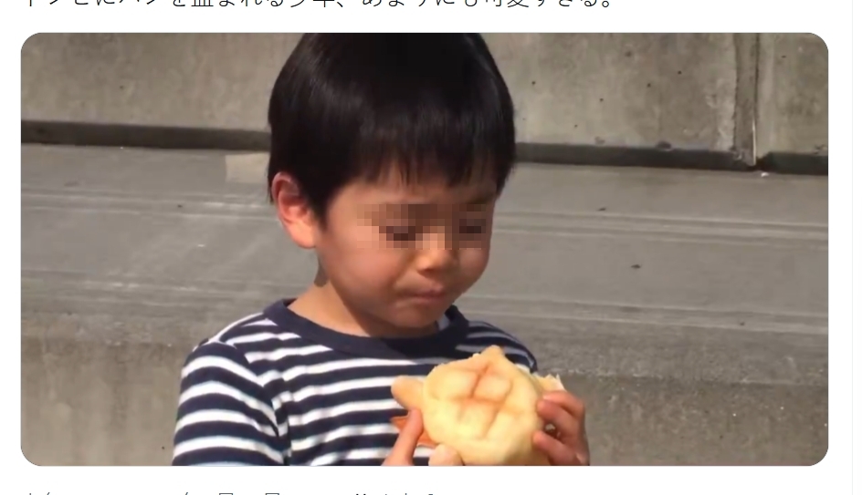 小男孩抱著烏龜造型的波蘿麵包，一臉滿足地享用，沒想到才咬幾口，就悲劇了。（翻攝自X）
