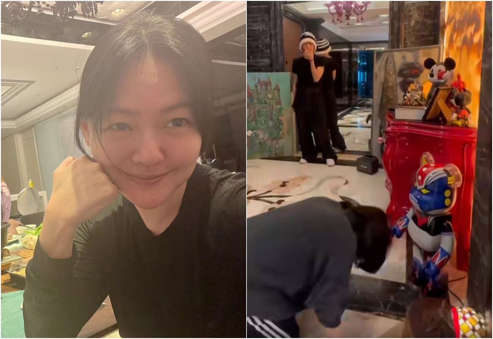 小S又和老師在家跳舞，沒想到竟一腳踢上擺在一旁的「庫柏力克熊」，嚇得她當場尖叫下跪。（翻攝自小S臉書）